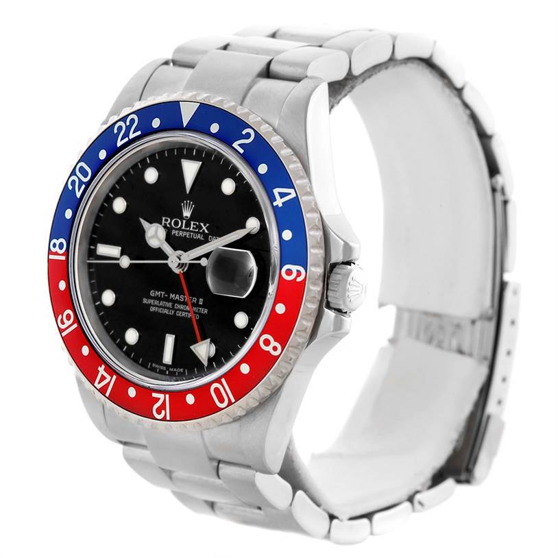 This is a front angle view of a Rolex GMT-Master 16710 Men's Stainless Steel Black Dial 16710 Men's Stainless Steel Black Dial watch, showcasing its face, bezel, and part of the bracelet.
