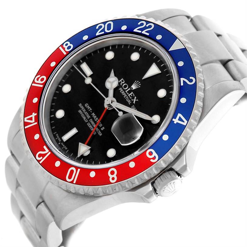 The image shows a Rolex GMT-Master 16710 Men's Stainless Steel Black Dial 16710 Men's Stainless Steel Black Dial II watch at a slight angle, highlighting its bezel, dial, crown, and part of the bracelet.