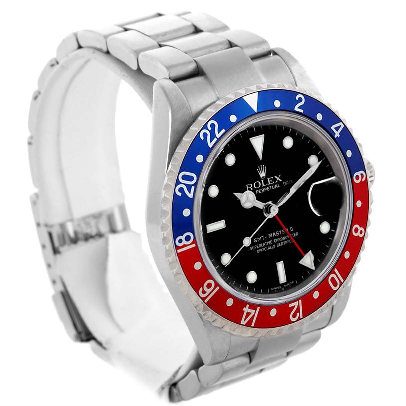 The image shows a Rolex GMT-Master 16710 Men's Stainless Steel Black Dial 16710 Men's Stainless Steel Black Dial watch at a three-quarter angle, highlighting the bezel, dial, crown, and bracelet.