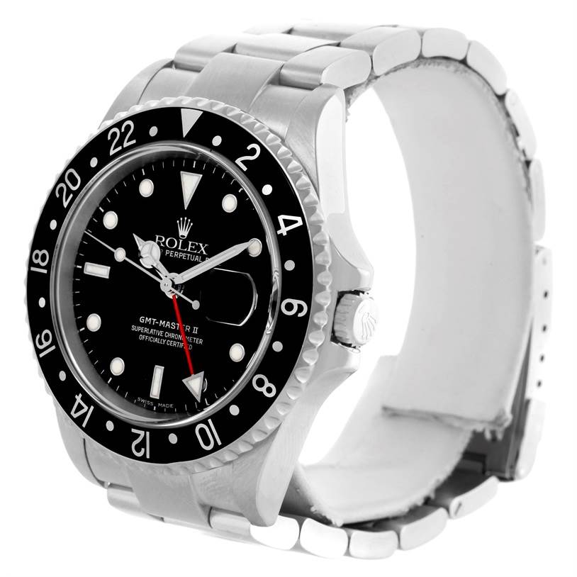 The image shows a Rolex GMT-Master 16710 Men
s Stainless Steel Black Dial 16710 Men
s Stainless Steel Black Dial II watch at a three-quarter angle, featuring the dial, bezel, and part of the bracelet.
