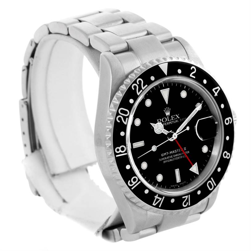 This image shows a side-angle view of a Rolex GMT-Master 16710 Men
s Stainless Steel Black Dial 16710 Men
s Stainless Steel Black Dial watch, displaying the dial, bezel, and metallic bracelet.