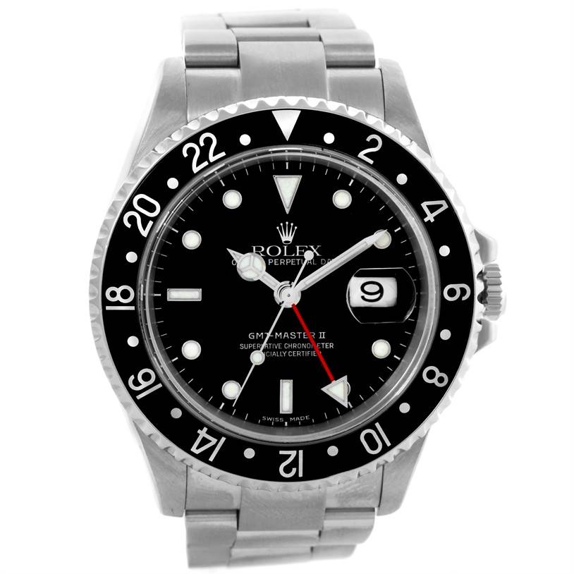 This image shows the front view of a Rolex GMT-Master 16710 Men
s Stainless Steel Black Dial 16710 Men
s Stainless Steel Black Dial II watch, highlighting its black face, bezel, date window, and bracelet.