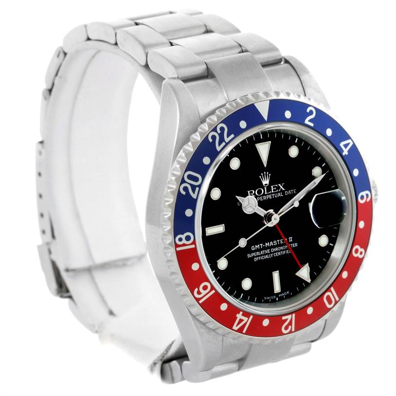 The Rolex GMT-Master 16710 Men's Stainless Steel Black Dial 16710 Men's Stainless Steel Black Dial watch is shown at a slight angle displaying the face, bezel, and part of the bracelet.