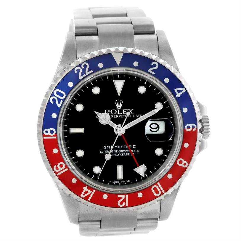 The image shows the front view of a Rolex GMT-Master 16710 Men's Stainless Steel Black Dial 16710 Men's Stainless Steel Black Dial II watch with a red and blue bezel and a stainless steel bracelet.