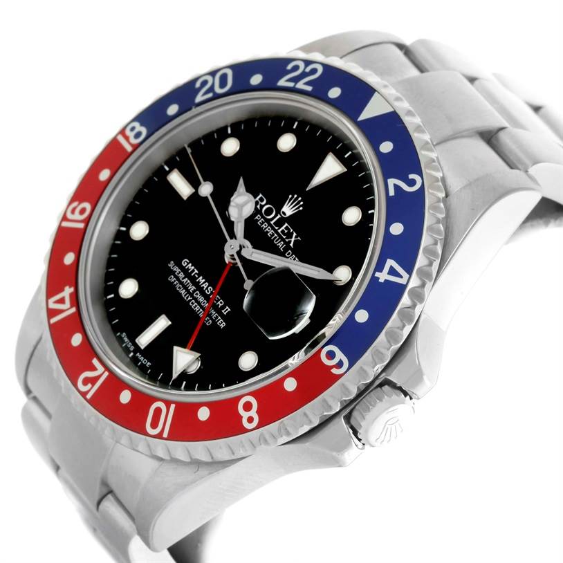 This image shows a Rolex GMT-Master 16710 Men's Stainless Steel Black Dial 16710 Men's Stainless Steel Black Dial watch at an angle highlighting the bezel, dial, and part of the bracelet.