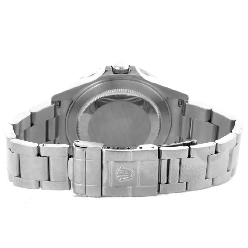 The image shows the back case and bracelet of a Rolex GMT-Master 16710 Men's Stainless Steel Black Dial 16710 Men's Stainless Steel Black Dial watch, including the clasp with the Rolex logo.