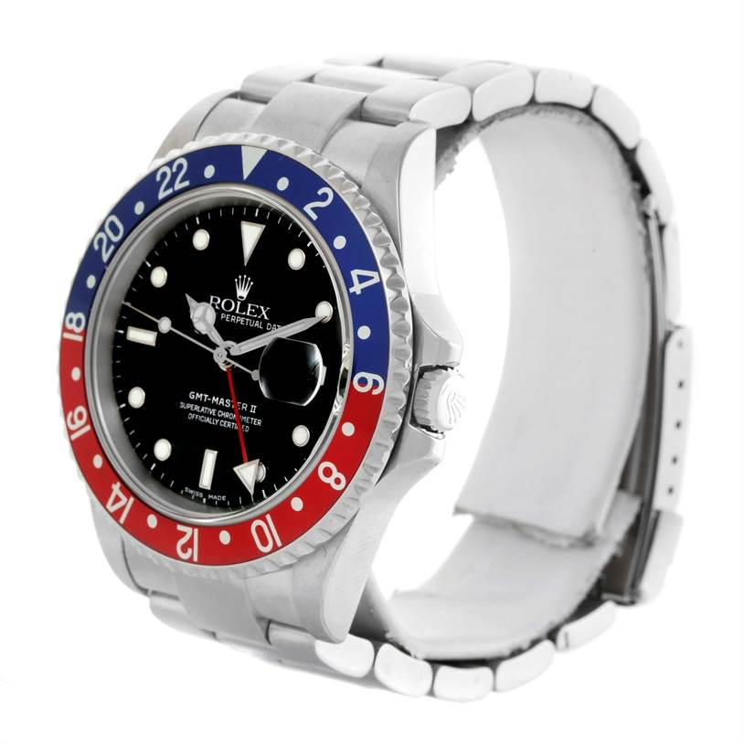 The image shows a three-quarters view of a Rolex GMT-Master 16710 Men's Stainless Steel Black Dial 16710 Men's Stainless Steel Black Dial II watch, highlighting the bezel, dial, and part of the bracelet.