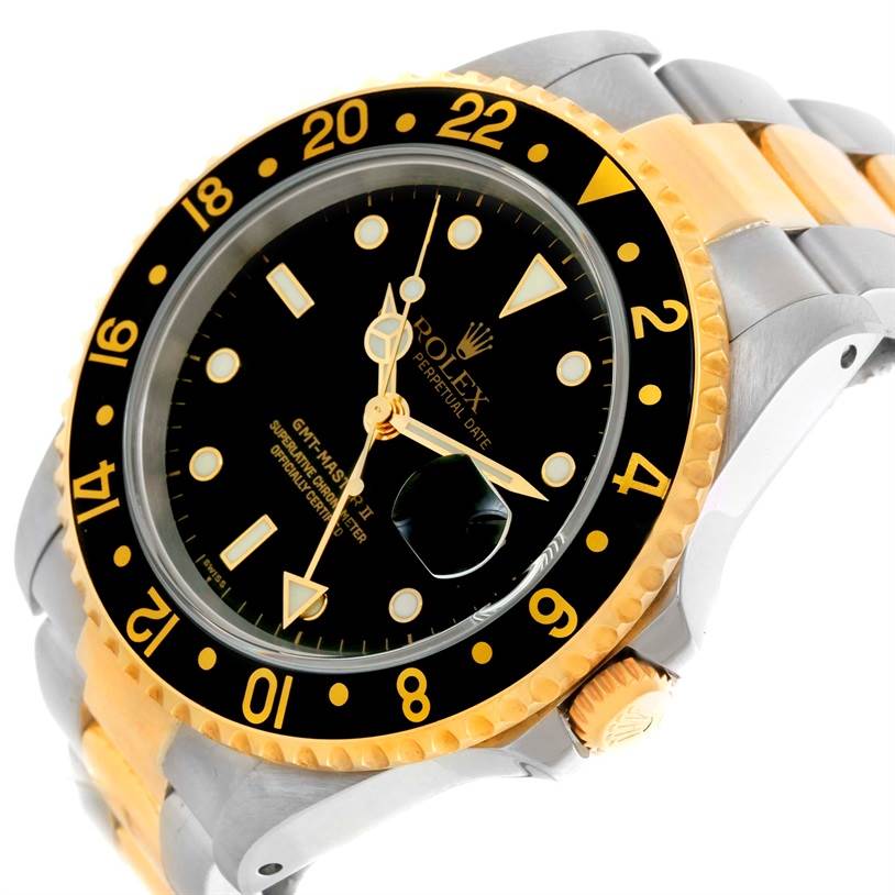The image shows a side angle of the Rolex GMT-Master 16713 Men's Stainless Steel Black Dial 16713 Men's Stainless Steel Black Dial watch, highlighting its bezel, black dial, and two-tone bracelet.