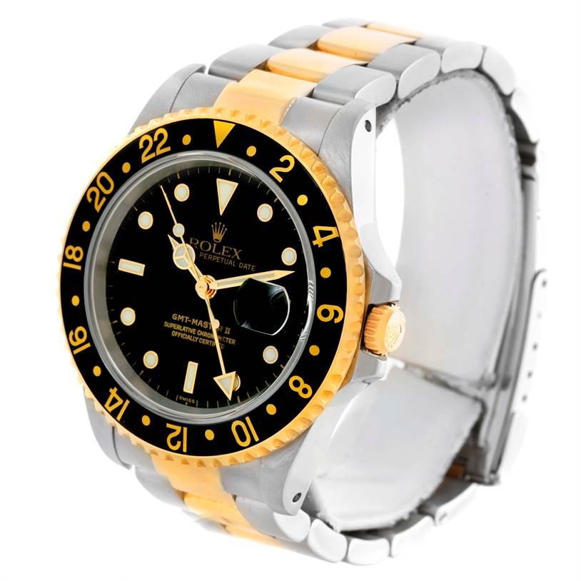 The image shows a side and angled view of a Rolex GMT-Master 16713 Men's Stainless Steel Black Dial 16713 Men's Stainless Steel Black Dial watch, highlighting its bezel, dial, crown, and bracelet.
