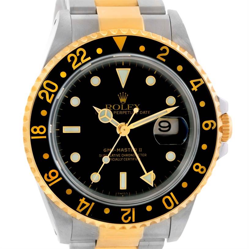 This image shows the front view of a Rolex GMT-Master 16713 Men's Stainless Steel Black Dial 16713 Men's Stainless Steel Black Dial II watch, highlighting the face, hands, bezel, and bracelet.