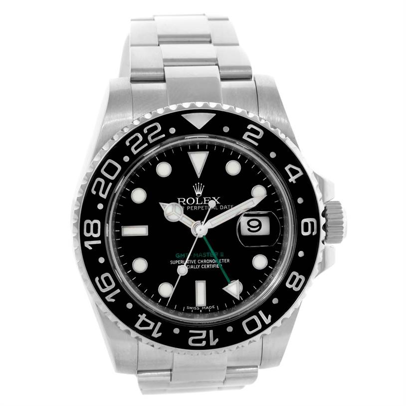 This image shows a front view of a Rolex GMT-Master 116710 Men's Stainless Steel Black Dial 116710 Men's Stainless Steel Black Dial II watch, highlighting its face, bezel, hands, and date window.