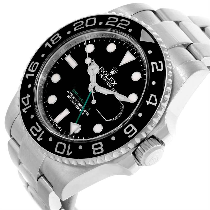 The Rolex GMT-Master 116710 Men's Stainless Steel Black Dial 116710 Men's Stainless Steel Black Dial watch is angled slightly to the right, showing the face, bezel, crown, and part of the bracelet.
