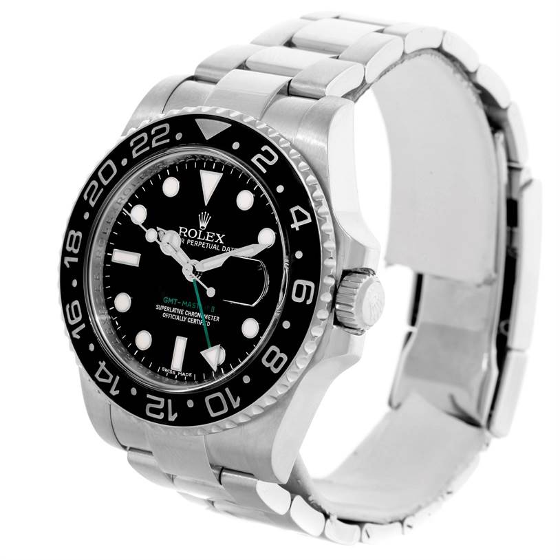 The Rolex GMT-Master 116710 Men's Stainless Steel Black Dial 116710 Men's Stainless Steel Black Dial watch is shown at a three-quarter angle, highlighting the case, bezel, dial, and the bracelet partially unclasped.