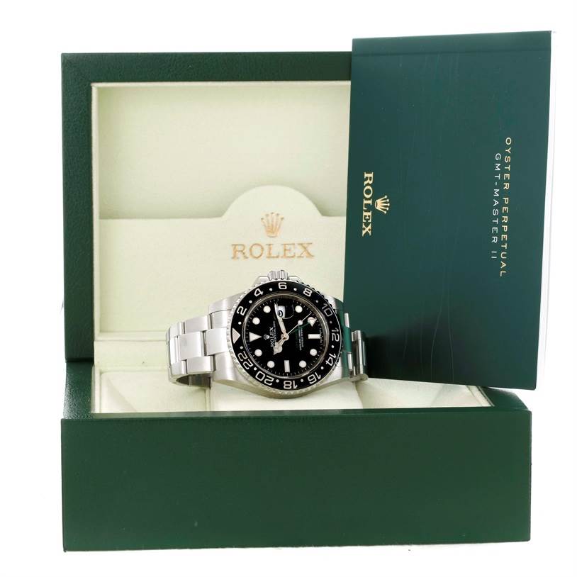 The Rolex GMT-Master 116710 Men's Stainless Steel Black Dial 116710 Men's Stainless Steel Black Dial watch is displayed in its box, showing the face, bezel, and bracelet at a slight front angle.
