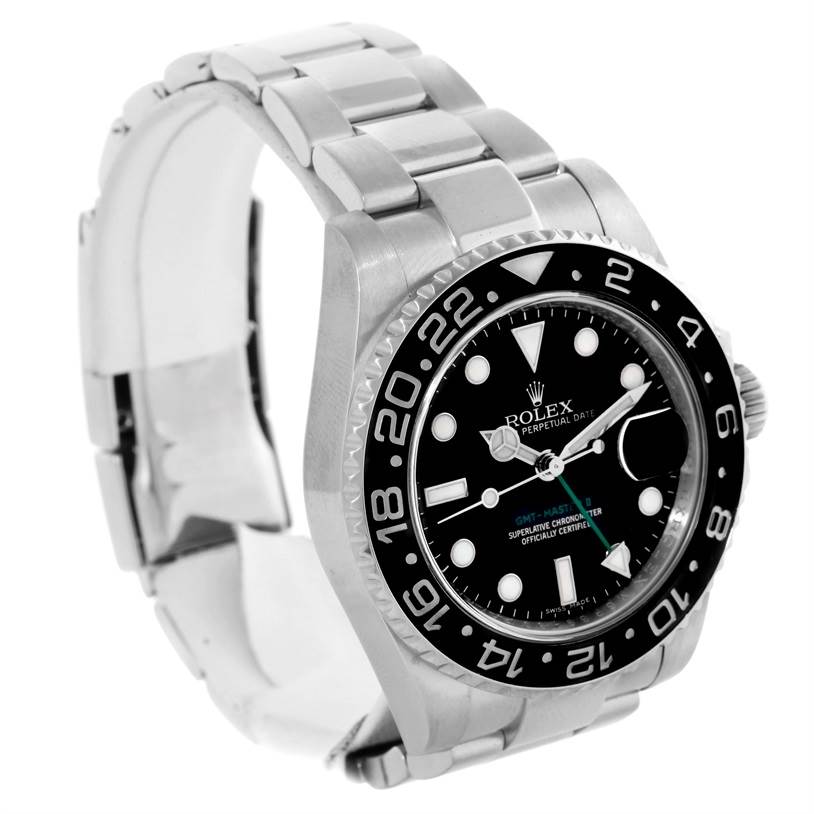 The image shows a Rolex GMT-Master 116710 Men's Stainless Steel Black Dial 116710 Men's Stainless Steel Black Dial watch from a front-left angle, highlighting the face, bezel, and bracelet.