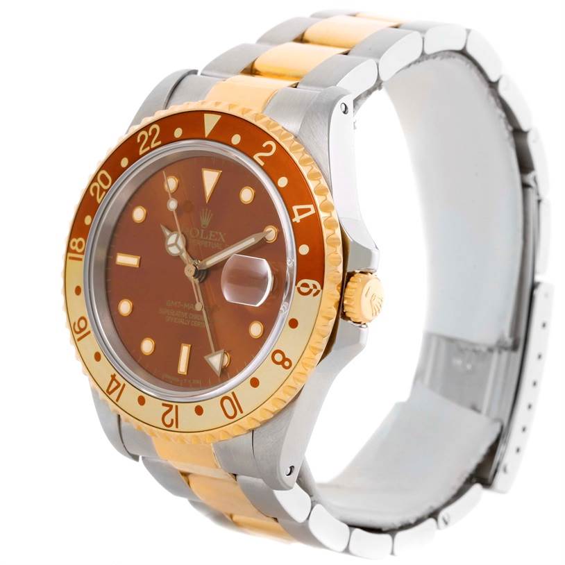 The image shows a Rolex GMT-Master 16713 Men's Stainless Steel Brown Dial 16713 Men's Stainless Steel Brown Dial watch at a three-quarter angle, displaying the dial, bezel, crown, and part of the bracelet.