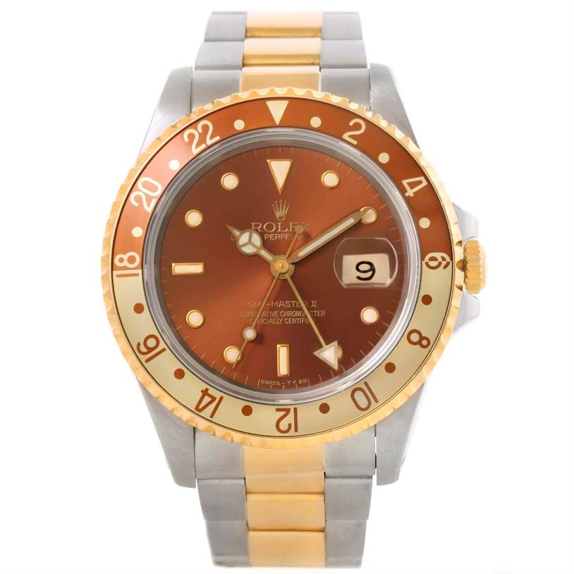 This image shows the front view of a Rolex GMT-Master 16713 Men's Stainless Steel Brown Dial 16713 Men's Stainless Steel Brown Dial watch, highlighting its face, bezel, and two-tone bracelet.