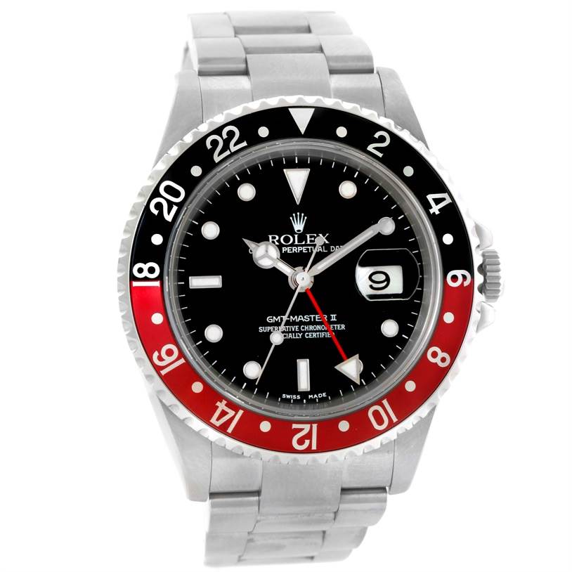 The image shows a front view of a Rolex GMT-Master 16710 Men
s Stainless Steel Black Dial 16710 Men
s Stainless Steel Black Dial II watch, displaying its bezel, dial, hands, and bracelet.