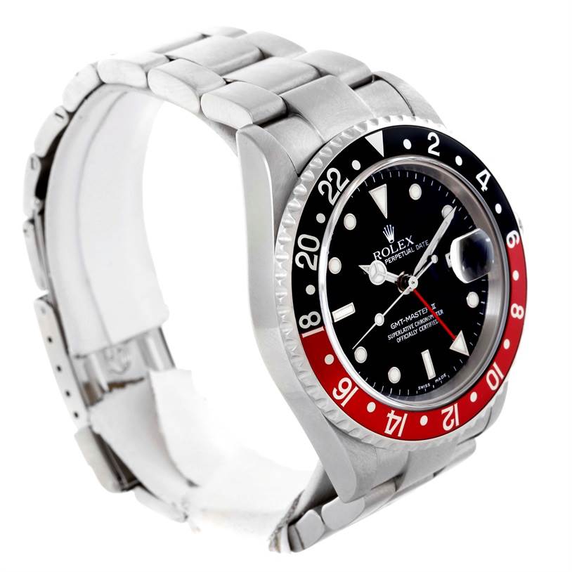 The image shows a side angle of the Rolex GMT-Master 16710 Men
s Stainless Steel Black Dial 16710 Men
s Stainless Steel Black Dial watch, highlighting the bezel, dial, bracelet, and case.