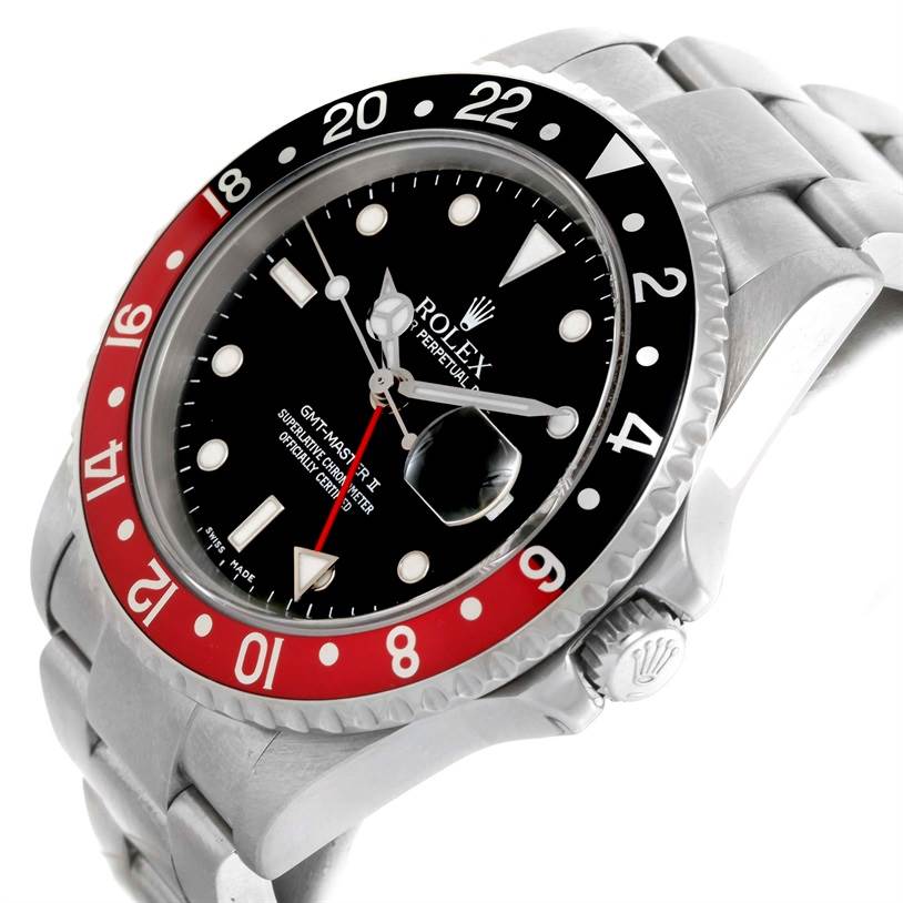 This image shows a close-up of the Rolex GMT-Master 16710 Men
s Stainless Steel Black Dial 16710 Men
s Stainless Steel Black Dial watch at a slight angle, showcasing the dial, bezel, and part of the bracelet.