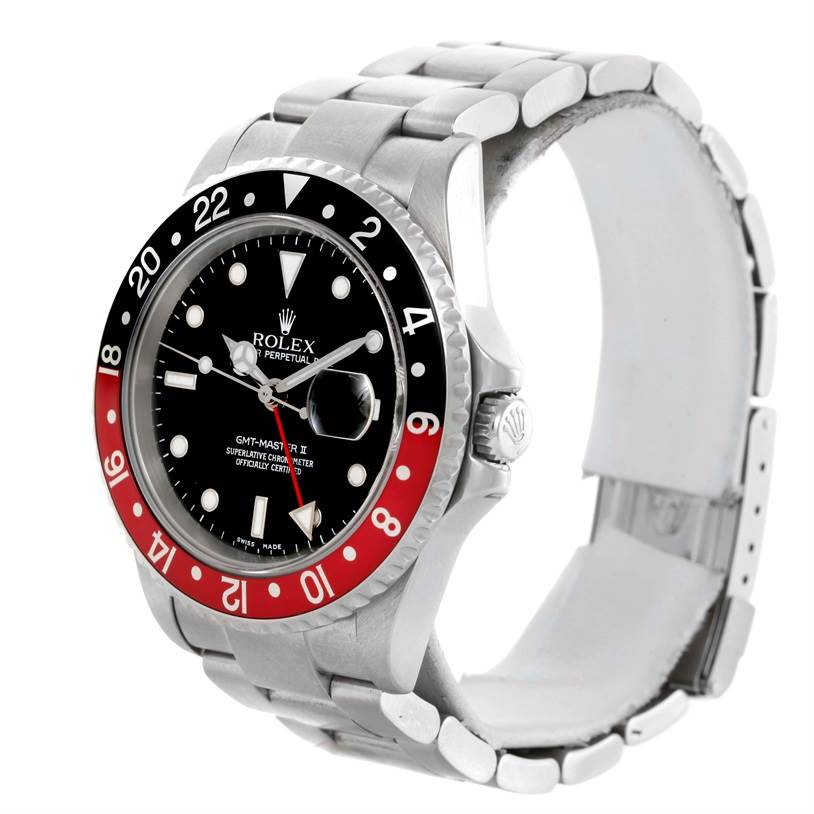 The Rolex GMT-Master 16710 Men
s Stainless Steel Black Dial 16710 Men
s Stainless Steel Black Dial watch is shown at a slight angle, displaying its dial, bezel, case, and part of the bracelet.