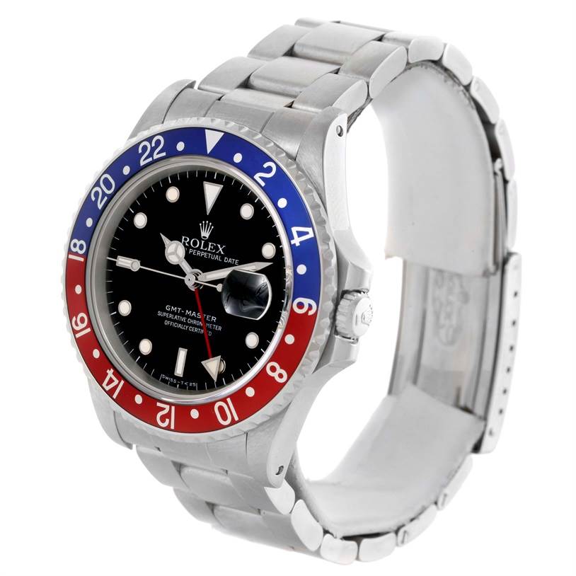 The image shows a Rolex GMT-Master 16700 Men's Stainless Steel Black Dial 16700 Men's Stainless Steel Black Dial watch at an angled side view, highlighting the bezel, dial, and bracelet.