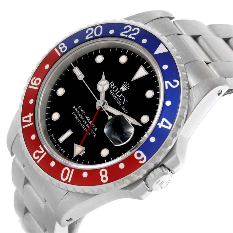 This image shows a side and slightly angled front view of a Rolex GMT-Master 16700 Men's Stainless Steel Black Dial 16700 Men's Stainless Steel Black Dial watch, highlighting the bezel, dial, and part of the bracelet.