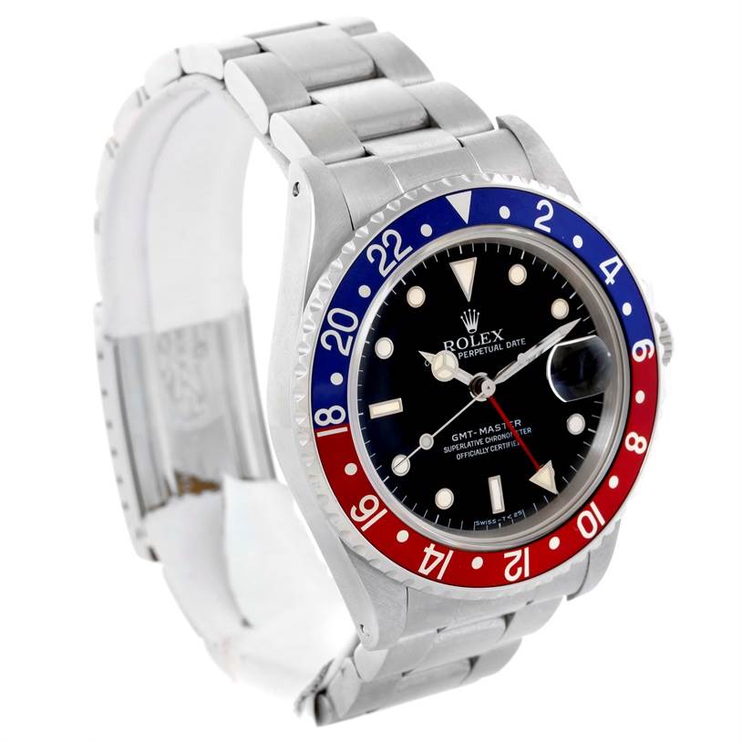 This Rolex GMT-Master 16700 Men's Stainless Steel Black Dial 16700 Men's Stainless Steel Black Dial watch is shown at a three-quarter angle, highlighting the dial, bezel, and bracelet.