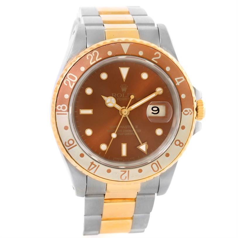 This image shows the Rolex GMT-Master 16713 Men's Stainless Steel Brown Dial 16713 Men's Stainless Steel Brown Dial watch from a front angle, highlighting its dial, bezel, date window, and bracelet.