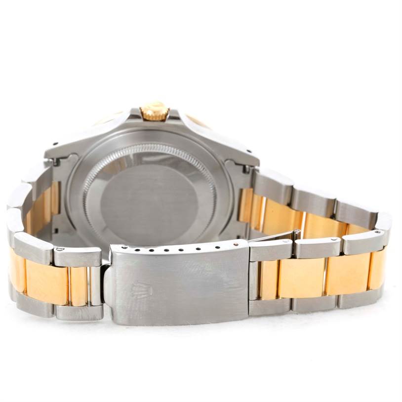 This is a rear view of the Rolex GMT-Master 16713 Men's Stainless Steel Brown Dial 16713 Men's Stainless Steel Brown Dial watch, showcasing the closed clasp and bracelet.