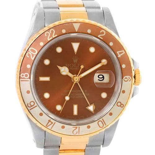 Photo of Rolex GMT Master II Mens Rootbeer 18k Yellow Gold Steel Watch 16713