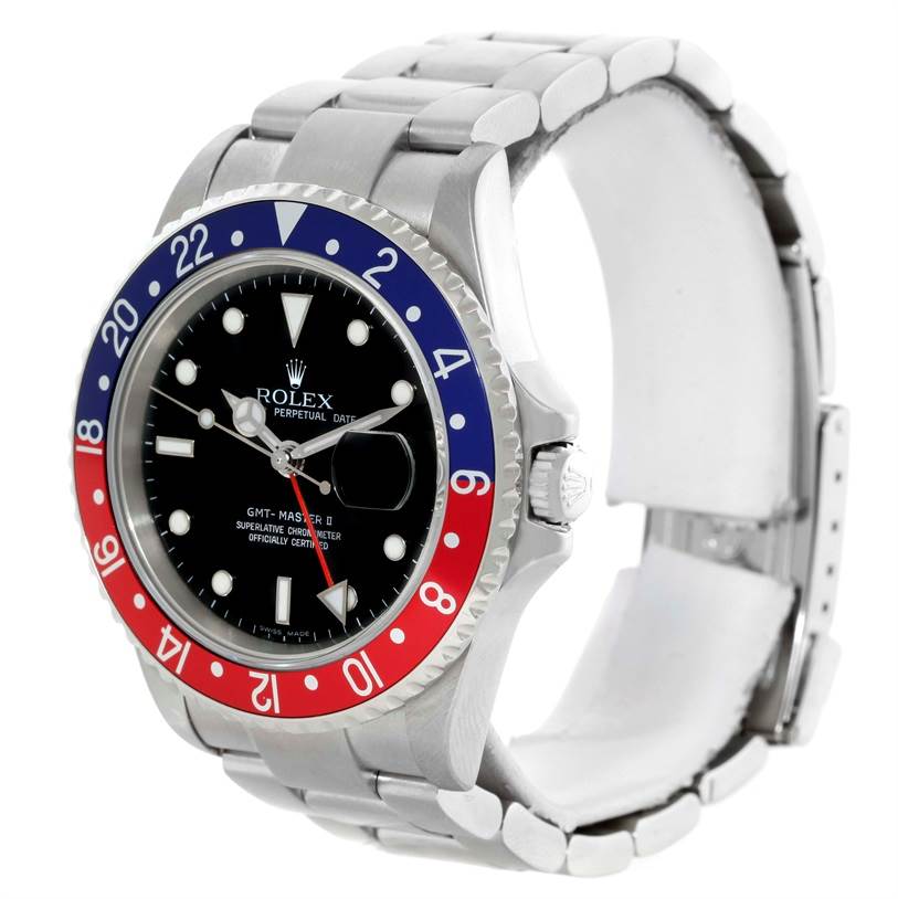 The image shows the face and bracelet of a Rolex GMT-Master 16710 Men's Stainless Steel Black Dial 16710 Men's Stainless Steel Black Dial model watch from an angled perspective.