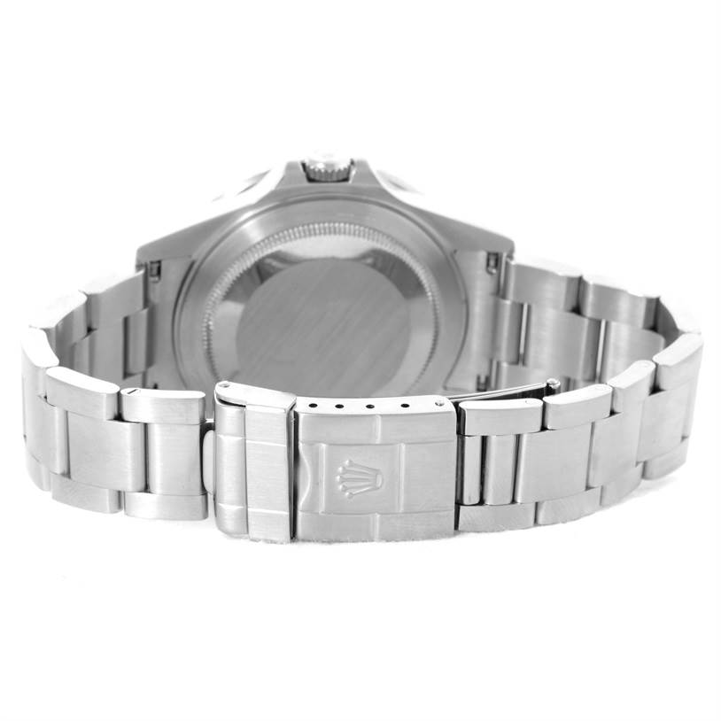 The image shows the back of the Rolex GMT-Master 16710 Men's Stainless Steel Black Dial 16710 Men's Stainless Steel Black Dial watch, focusing on the caseback and the bracelet with the Rolex logo.