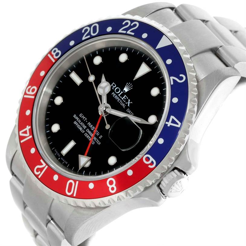 The image shows a close-up angled view of a Rolex GMT-Master 16710 Men's Stainless Steel Black Dial 16710 Men's Stainless Steel Black Dial II watch, highlighting the dial, bezel, and part of the bracelet.