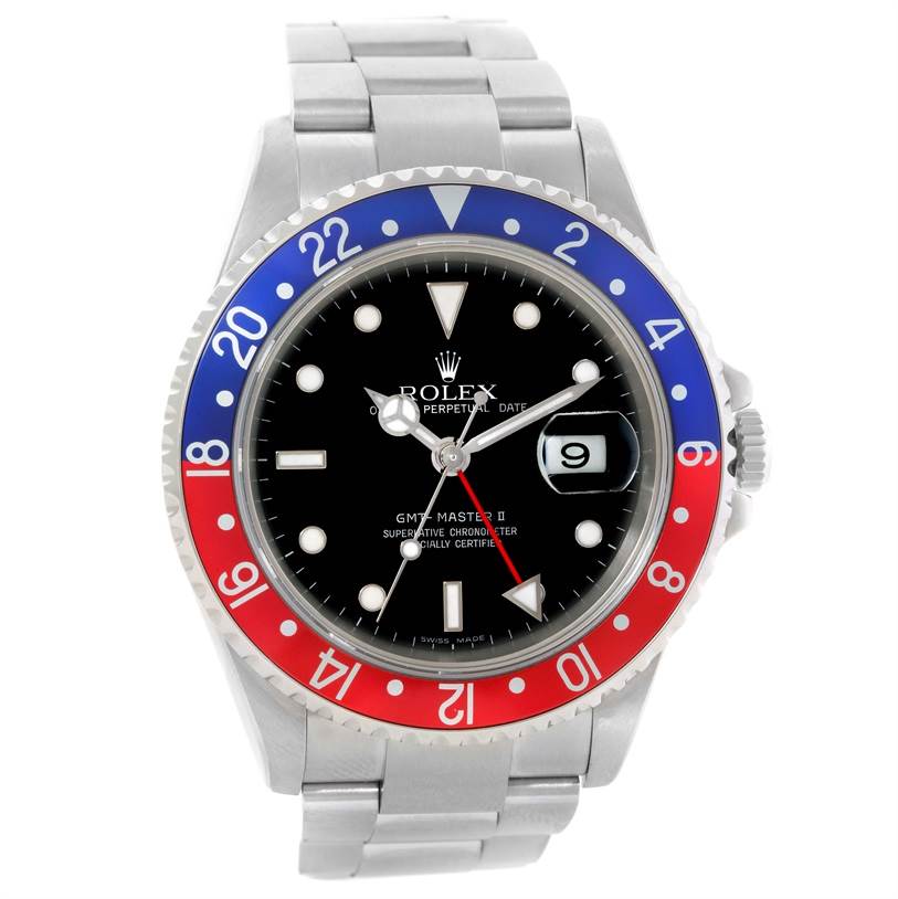 The image shows a Rolex GMT-Master 16710 Men's Stainless Steel Black Dial 16710 Men's Stainless Steel Black Dial watch from a front angle, highlighting the dial, bezel, hands, bracelet, and date window.