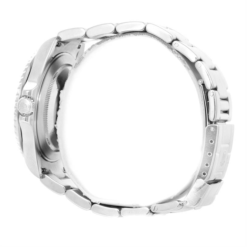 The image shows a side view of the Rolex GMT-Master 16710 Men's Stainless Steel Black Dial 16710 Men's Stainless Steel Black Dial watch, emphasizing the bracelet and crown.