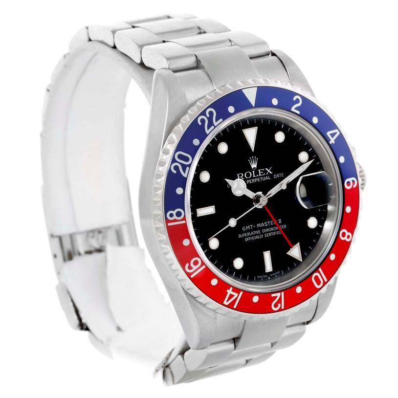 This image shows a Rolex GMT-Master 16710 Men's Stainless Steel Black Dial 16710 Men's Stainless Steel Black Dial watch at a tilted angle, highlighting its bezel, dial, case, and bracelet.