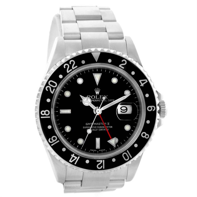 The image shows a front view of a Rolex GMT-Master 16710 Men's Stainless Steel Black Dial 16710 Men's Stainless Steel Black Dial II watch, highlighting the bezel, dial, hands, and bracelet.