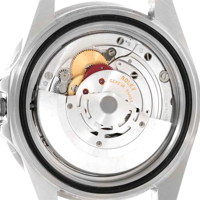 This image shows the back view of a Rolex GMT-Master 16710 Men's Stainless Steel Black Dial 16710 Men's Stainless Steel Black Dial, displaying its intricate movement and internal mechanics.