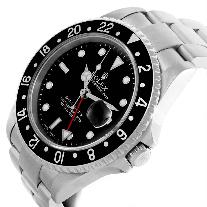 The image shows a Rolex GMT-Master 16710 Men's Stainless Steel Black Dial 16710 Men's Stainless Steel Black Dial watch at an angle that highlights the face, bezel, crown, and part of the bracelet.