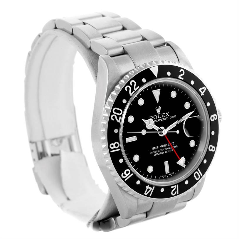 The Rolex GMT-Master 16710 Men's Stainless Steel Black Dial 16710 Men's Stainless Steel Black Dial watch is shown at a slight angle, displaying the dial, bezel, and bracelet.