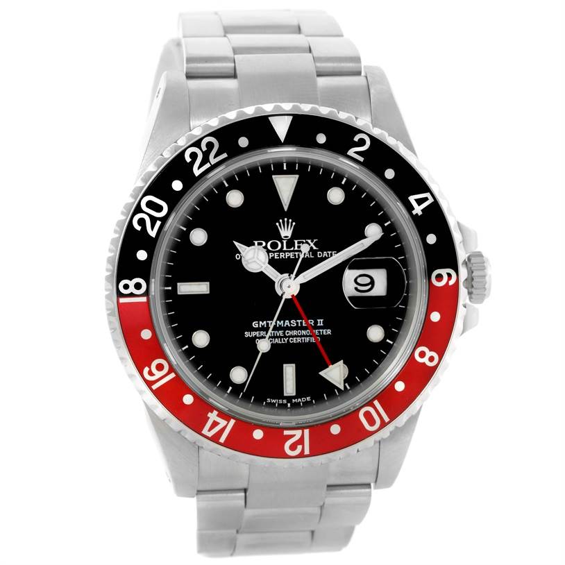 The image shows a front-facing view of a Rolex GMT-Master 16710 Men's Stainless Steel Black Dial 16710 Men's Stainless Steel Black Dial II watch, highlighting its bezel, dial, bracelet, and crown.