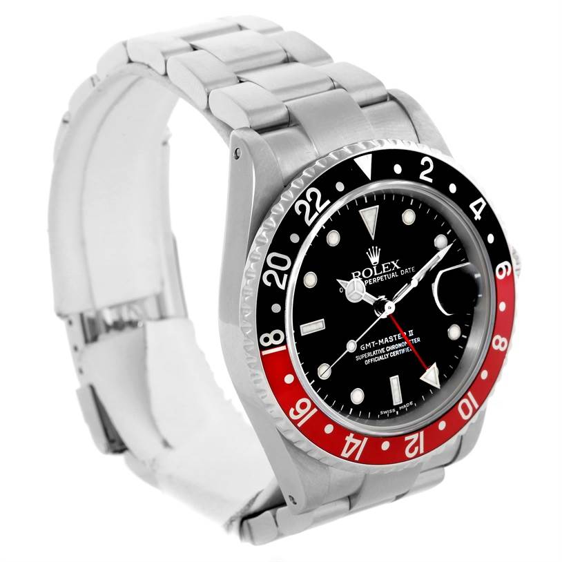 The image shows a Rolex GMT-Master 16710 Men's Stainless Steel Black Dial 16710 Men's Stainless Steel Black Dial wristwatch at a slight left-side angle, highlighting its bezel, dial, and metal bracelet.