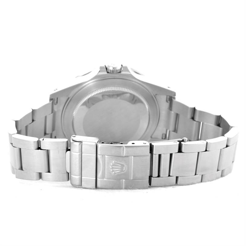 The image shows the backside and clasp of a Rolex GMT-Master 16710 Men's Stainless Steel Black Dial 16710 Men's Stainless Steel Black Dial watch, highlighting the closed case back and stainless steel bracelet.