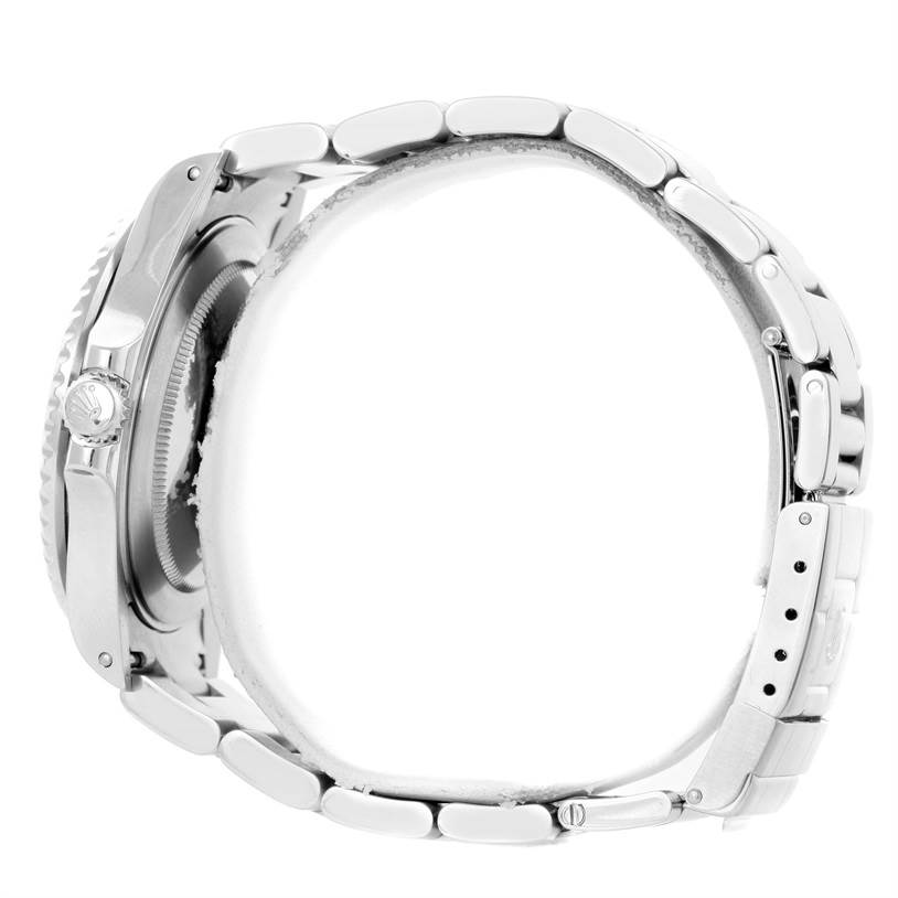 The image shows a side profile of a Rolex GMT-Master 16710 Men's Stainless Steel Black Dial 16710 Men's Stainless Steel Black Dial watch, highlighting the case, crown, and bracelet links.