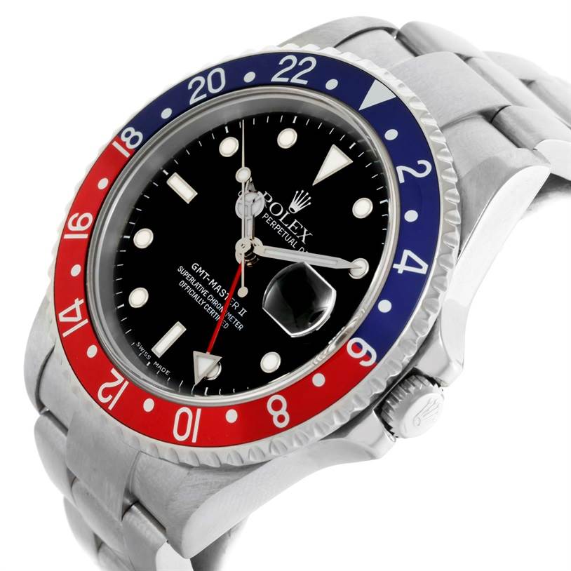 This image shows a Rolex GMT-Master 16710 Men's Stainless Steel Black Dial 16710 Men's Stainless Steel Black Dial watch angled to highlight the bezel, dial, and a portion of the bracelet.