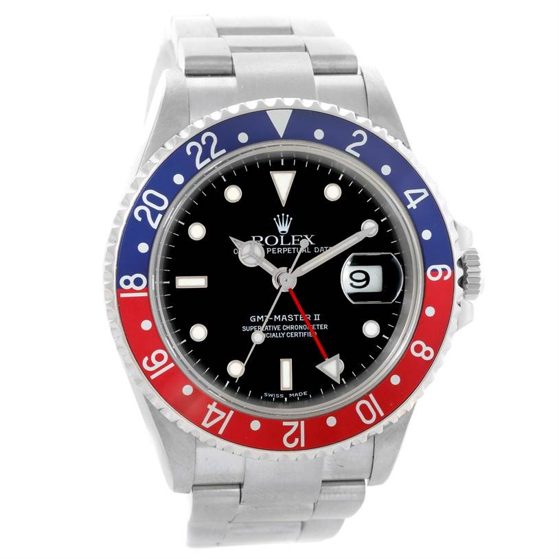 This image shows a front view of a Rolex GMT-Master 16710 Men's Stainless Steel Black Dial 16710 Men's Stainless Steel Black Dial II watch, highlighting its bezel, dial, bracelet, and date window.