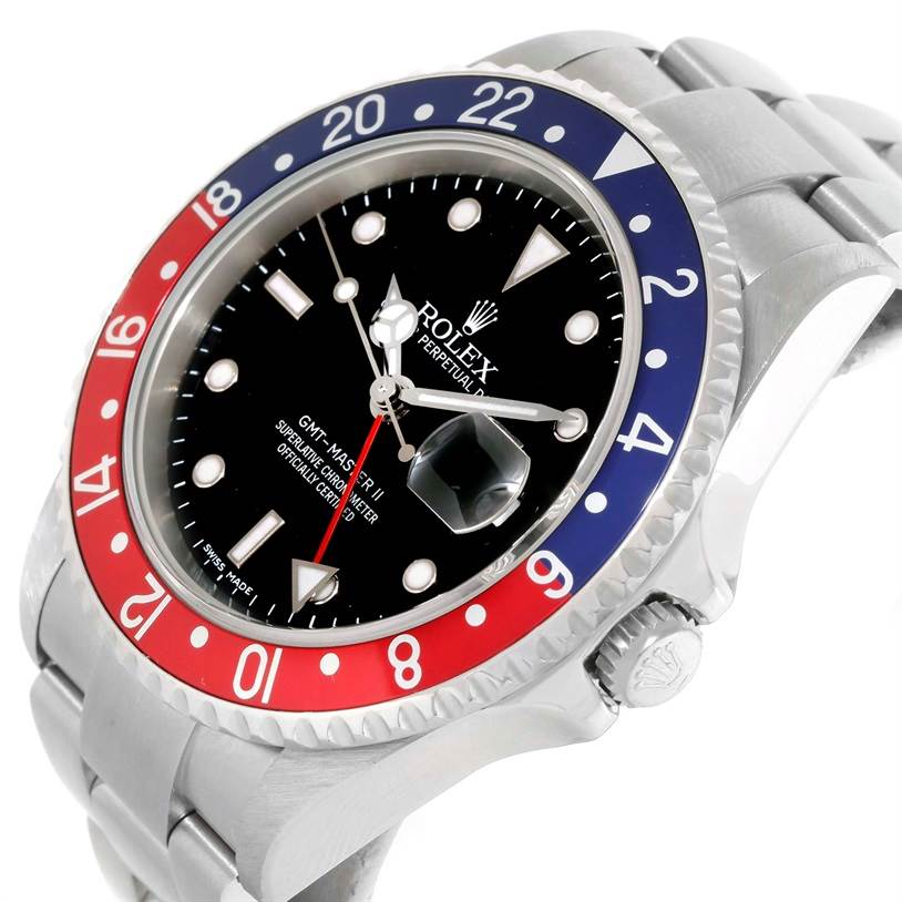 The image shows a close-up angle of the Rolex GMT-Master 16710 Men's Stainless Steel Black Dial 16710 Men's Stainless Steel Black Dial watch, highlighting the bezel, dial, and bracelet.