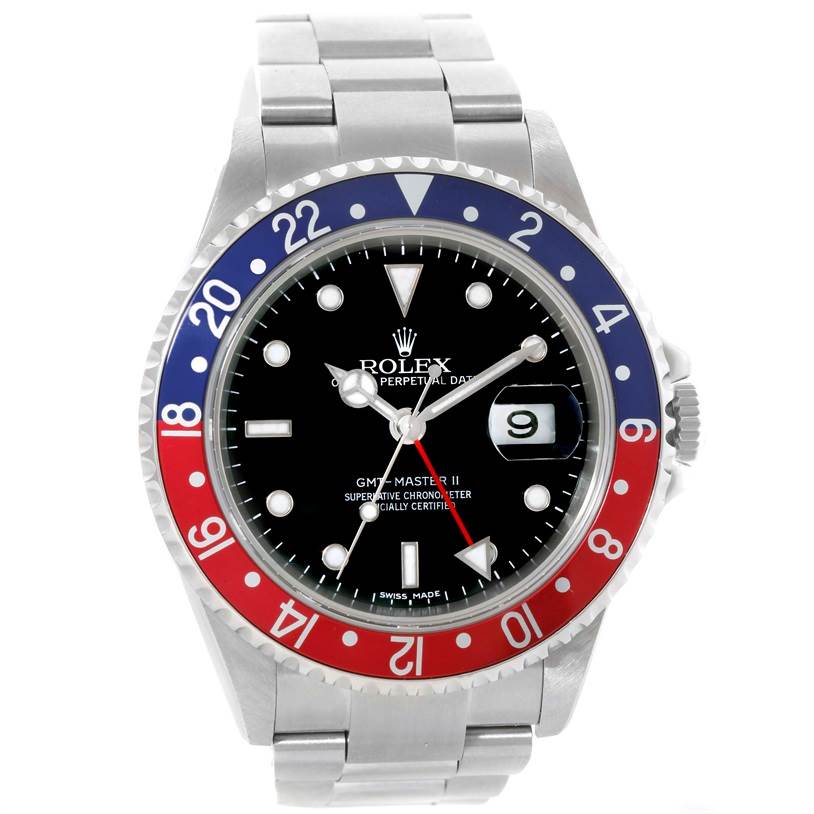 The Rolex GMT-Master 16710 Men's Stainless Steel Black Dial 16710 Men's Stainless Steel Black Dial II watch is shown from the front, displaying its bezel, dial, hands, and bracelet.