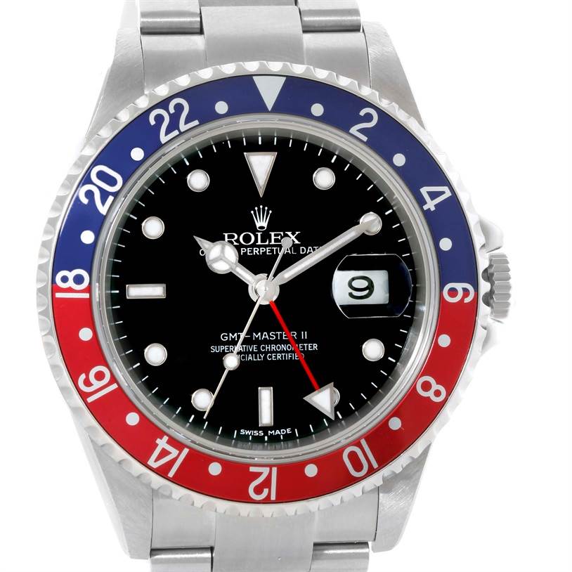 The Rolex GMT-Master 16710 Men's Stainless Steel Black Dial 16710 Men's Stainless Steel Black Dial II watch is shown from a front angle, displaying its bezel, dial, and bracelet.